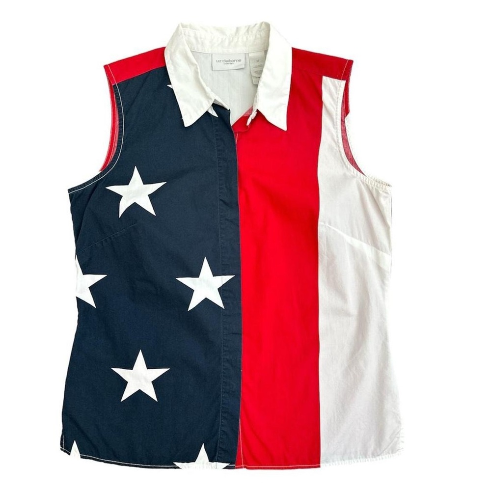 Liz Claiborne stars & stripes button down collared, sleeveless top, cotton, M